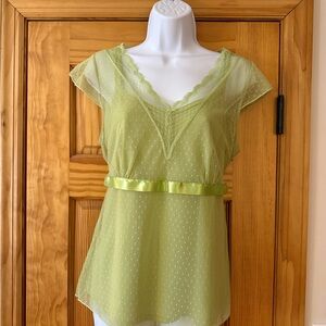 Sheer Green Cap Sleeve Top with Satin Belt